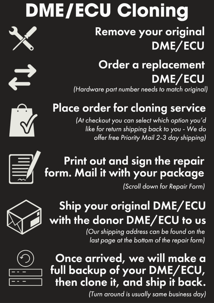 BMW Cloning service will read the original DME ECU data and transfer VIN, Immobilizer ISN, Software, coding. ME7.2 M62TU ME9.2 N62 MS42 M52TU MS43 MS45 M54 M56 MSD80 N54 MSD81 N54 MSD85 - N63 S63 MSS70 Z4M MSS60 S65 MSS65 S85 MSV70 N52 MSV80 N52N MSV80 MSV90 N52 MEVD17 N20 N26 N55 N63 S63 S55 MG1CS003 - B58 S63 N63